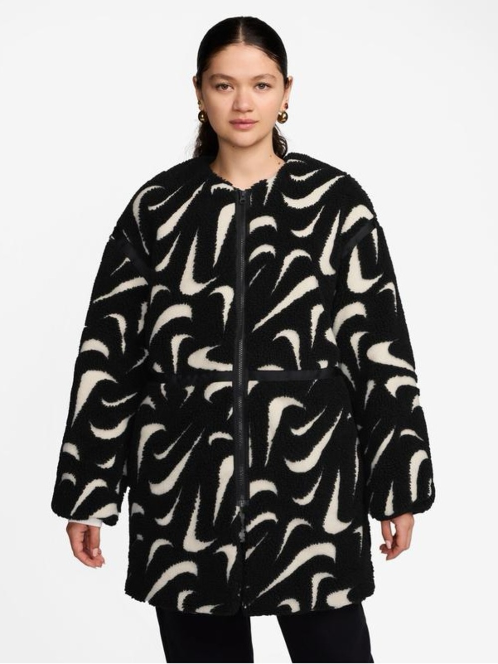 Nike Sportswear Loose High-Pile Fleece Faux Fur Long Jacket Black White Swoosh